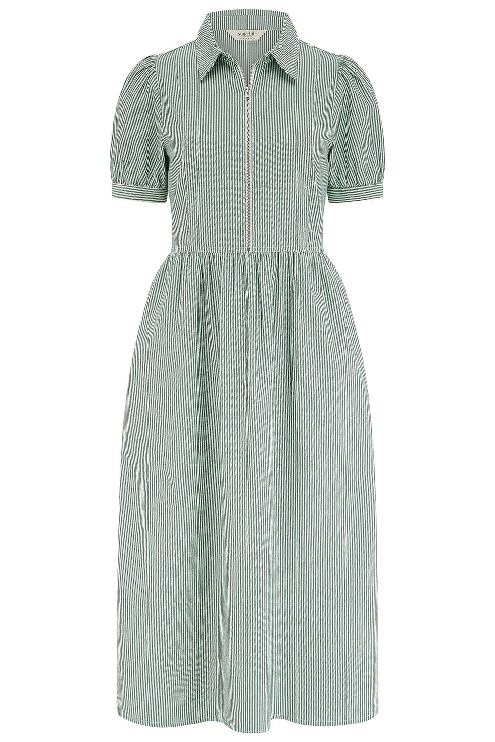 Gillian Midi Smock Dress - Green/White, Narrow Stripe - Image 5
