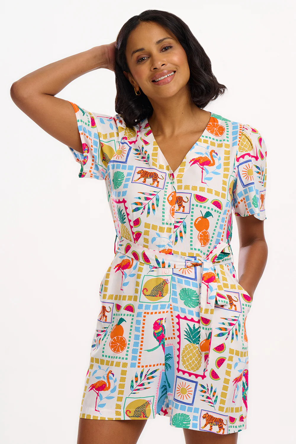 Gweneth Playsuit - Off-White, Jungle Tile