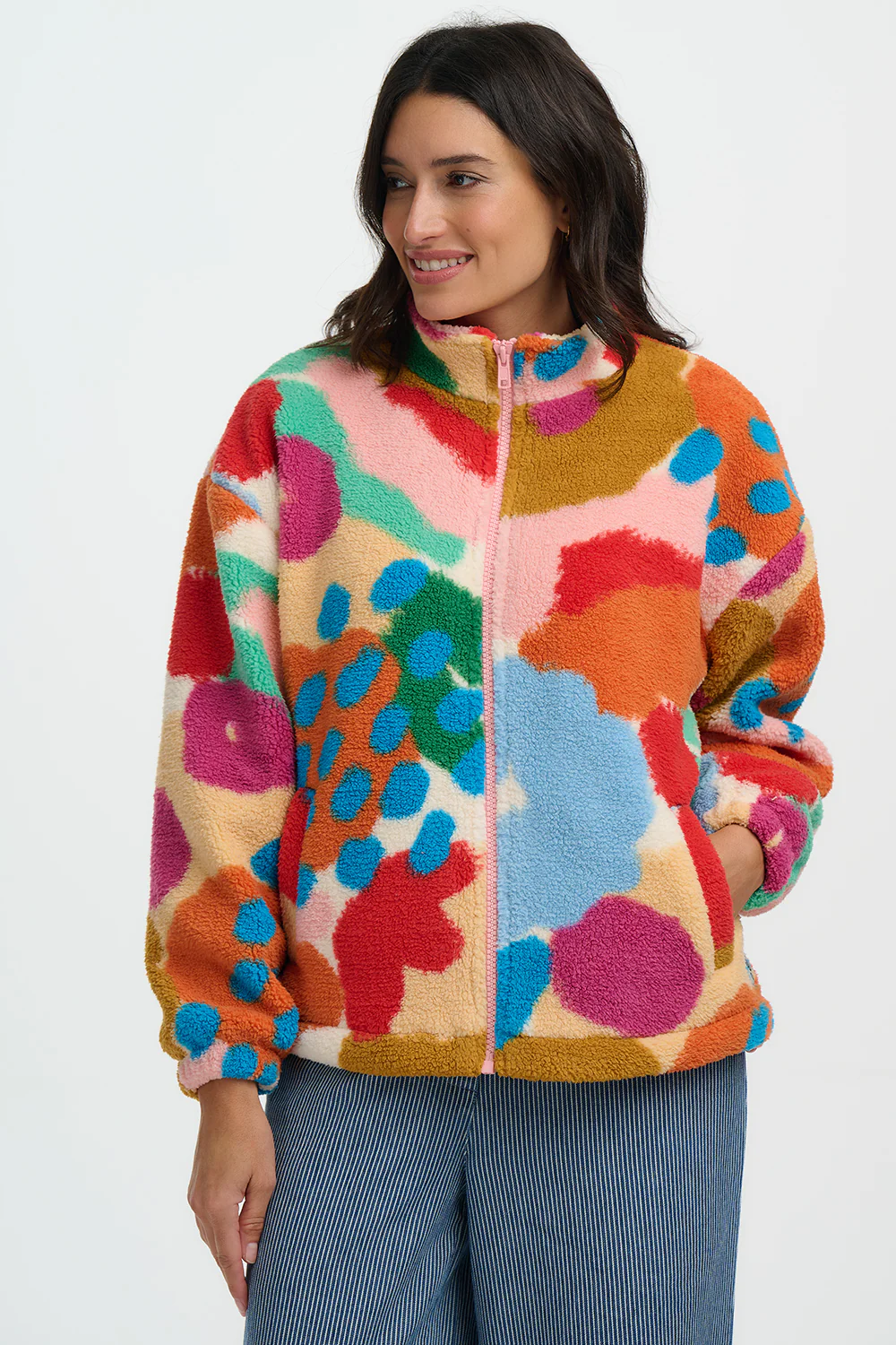 Hartley Zip Up Fleece - Off White/Multi, Abstract Floral - Image 4
