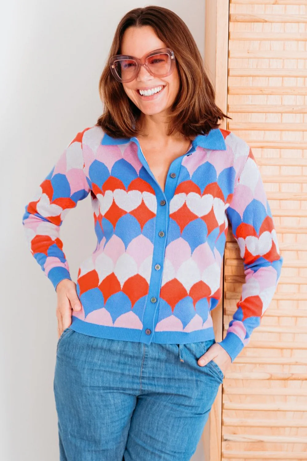 Hollie Collared Cardigan - Multi, Heart Scallop