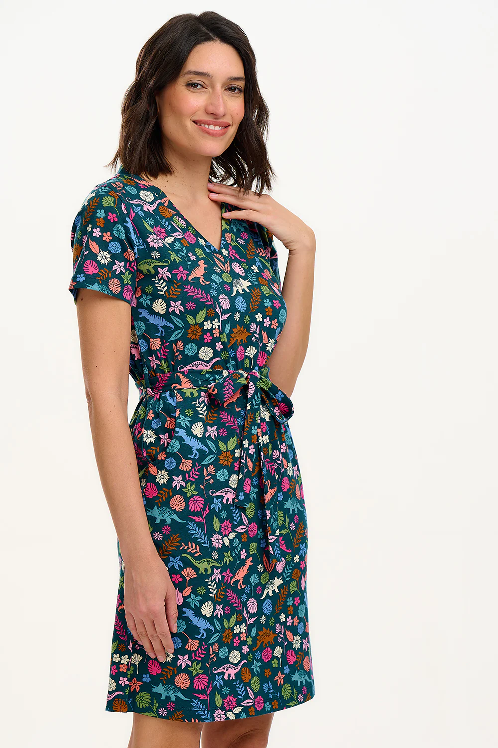 Joelle V-Neck Jersey Mini Dress - Teal/Multi, Hidden Dinosaur - Image 3