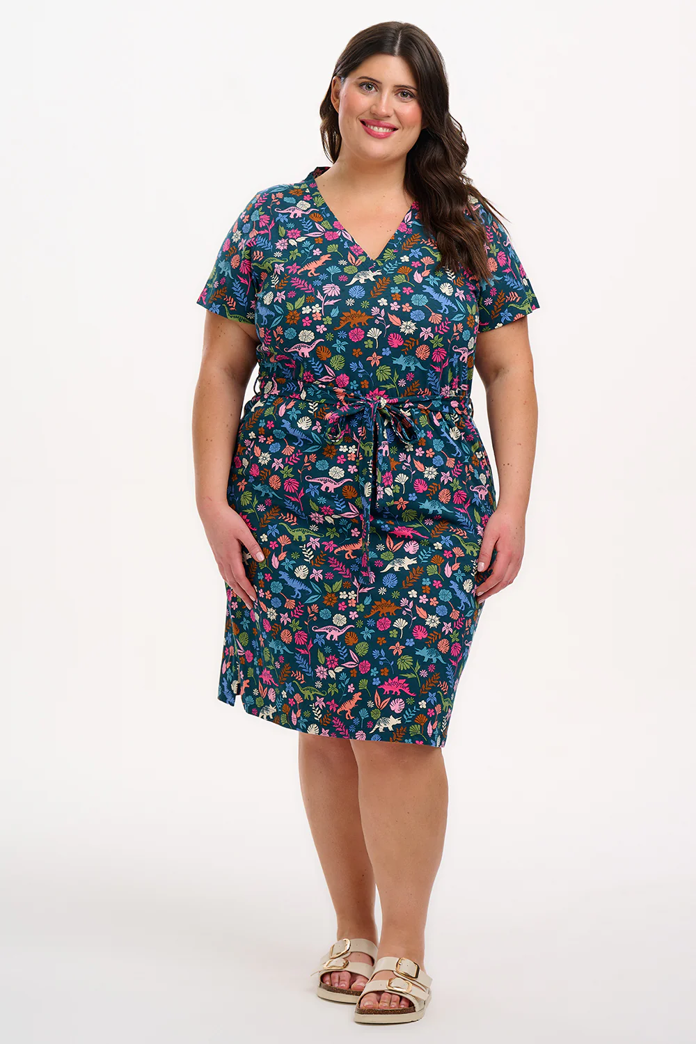 Joelle V-Neck Jersey Mini Dress - Teal/Multi, Hidden Dinosaur - Image 4