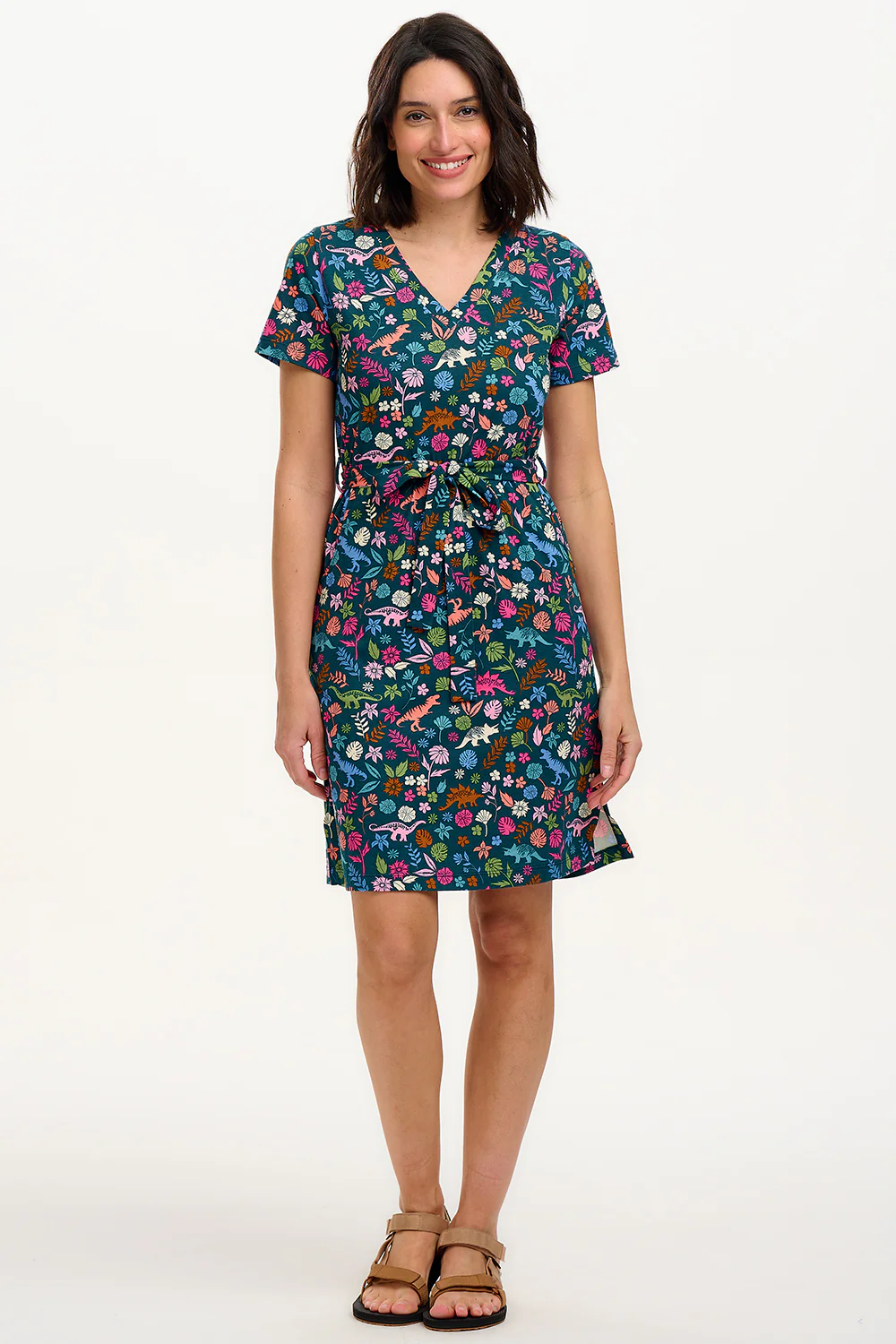 Joelle V-Neck Jersey Mini Dress - Teal/Multi, Hidden Dinosaur - Image 5