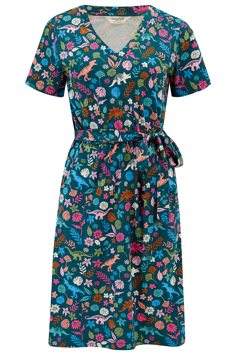 Joelle V-Neck Jersey Mini Dress - Teal/Multi, Hidden Dinosaur - Image 7
