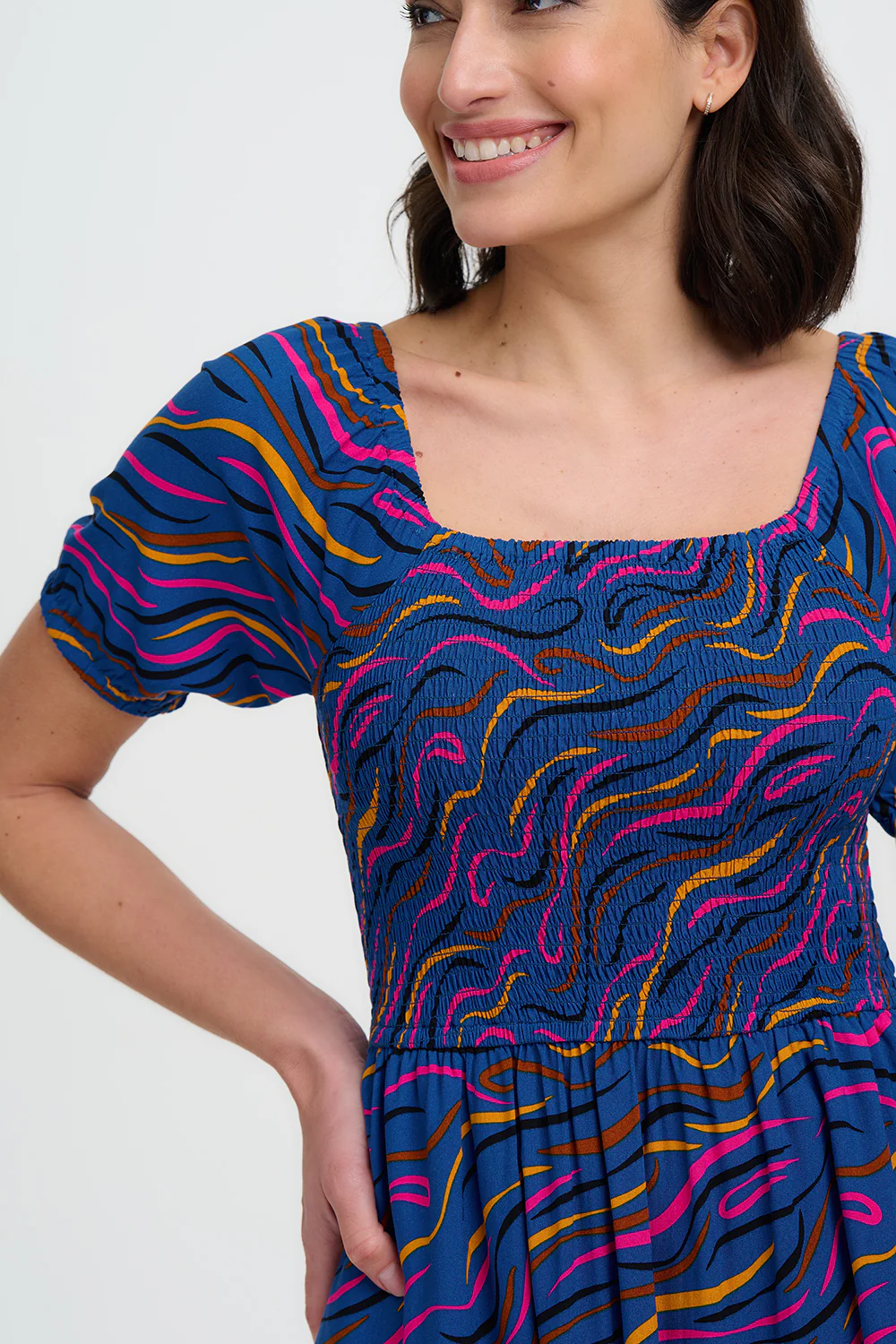 Jolene Shirred Midi Dress - Bright Navy, Jazz Waves - Image 3
