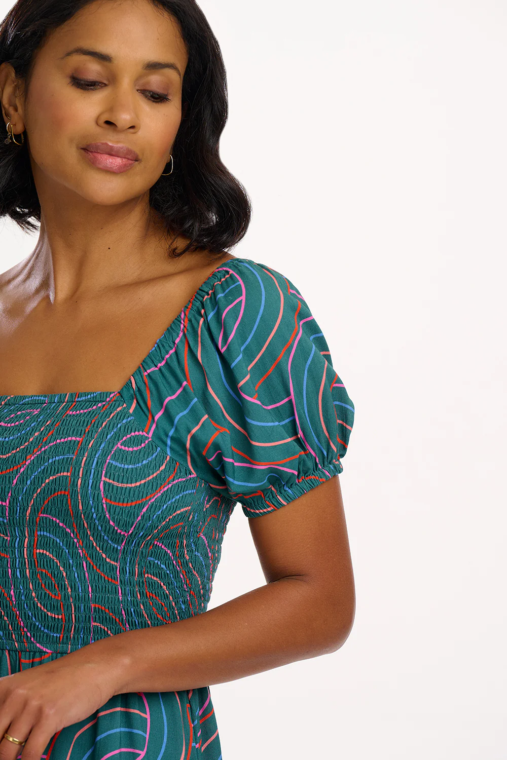 Jolene Shirred Midi Dress - Green, Concentric Circles - Image 3