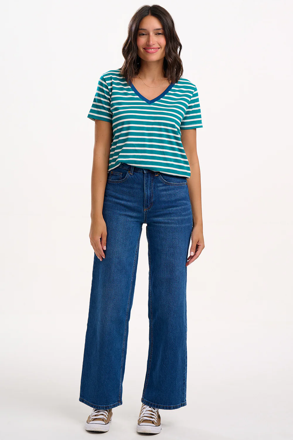 Khloe V-Neck T-Shirt - Green/Off White, SHB Flower - Image 3
