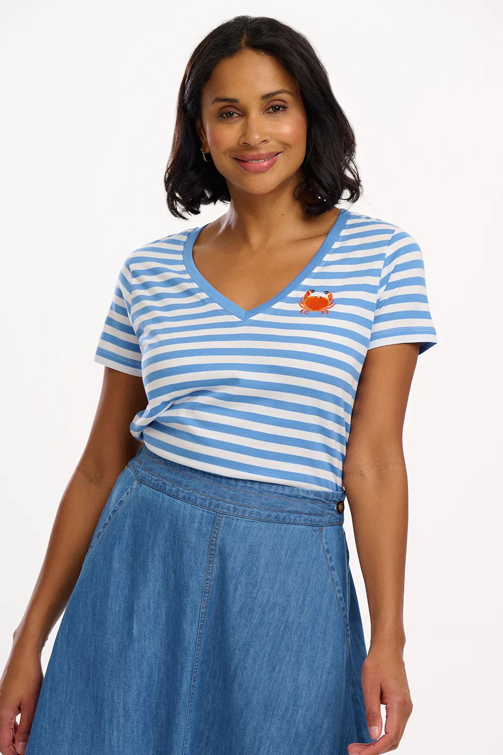 Khloe V-Neck T-Shirt - Off-White/Blue, Stripy Crab - Image 3