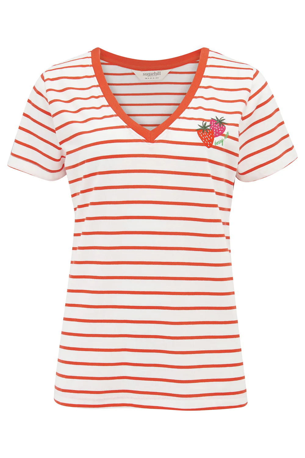Khloe V-Neck T-Shirt - Red/Off White Stripe, Strawberry - Image 6