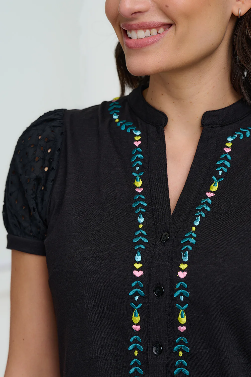 Kiera Jersey Tunic Dress - Black, Folklore Embroidery - Image 2