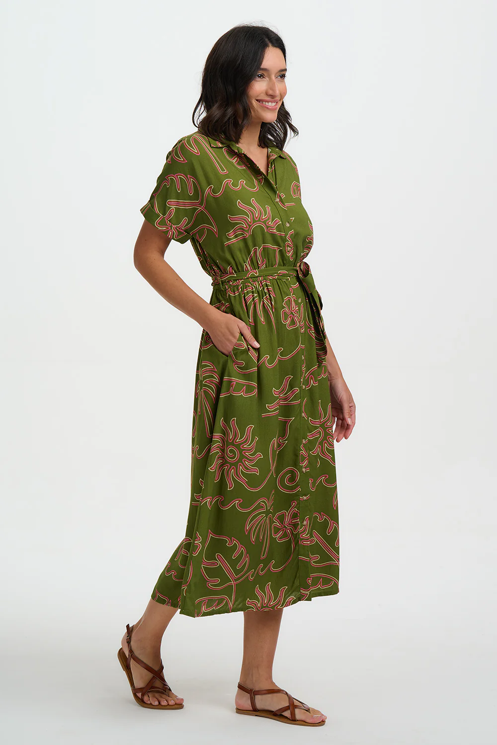 Leigh Midi Shirt Dress - Khaki, Tropical Line Drawing - Image 3