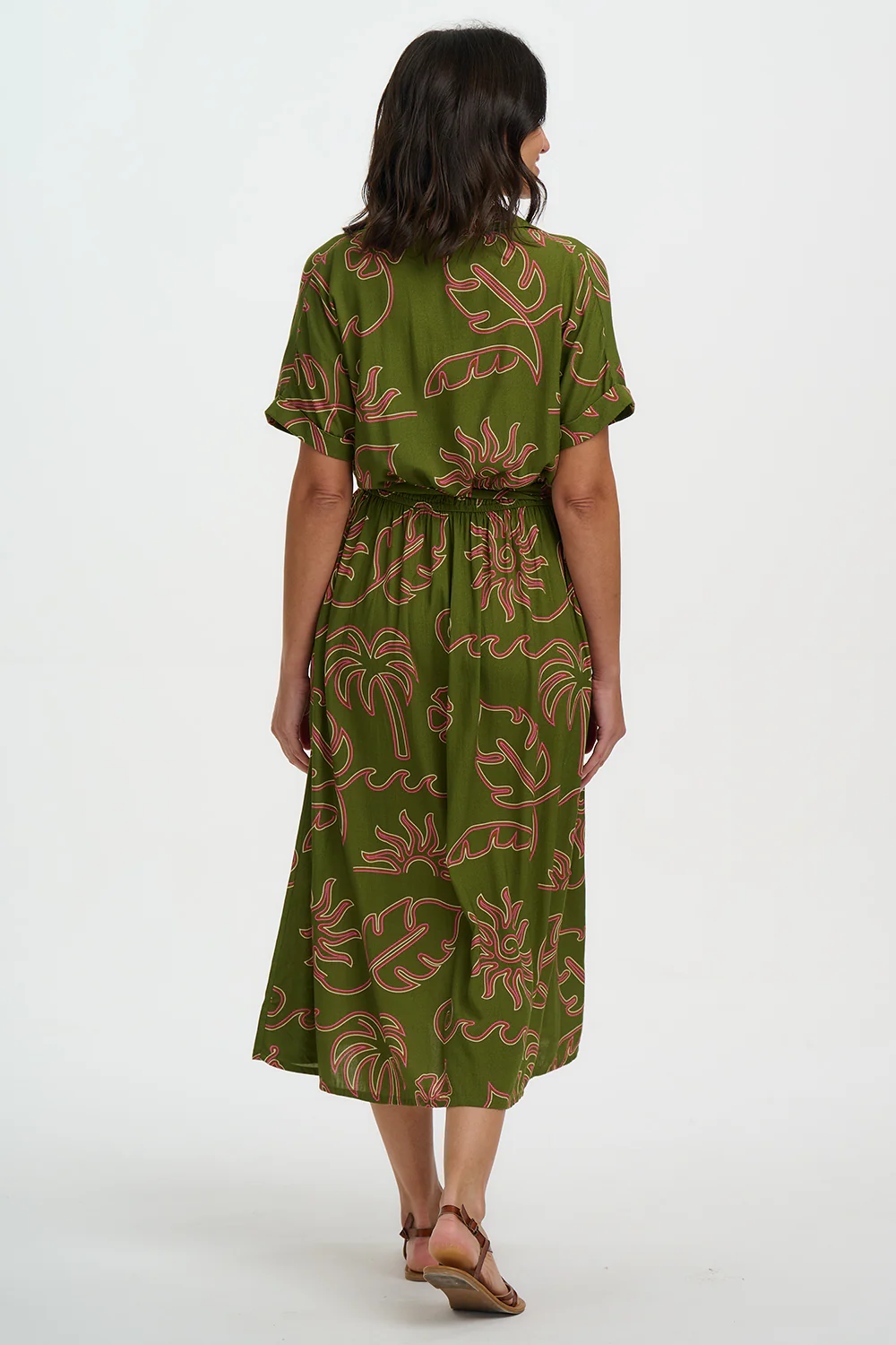Leigh Midi Shirt Dress - Khaki, Tropical Line Drawing - Image 4