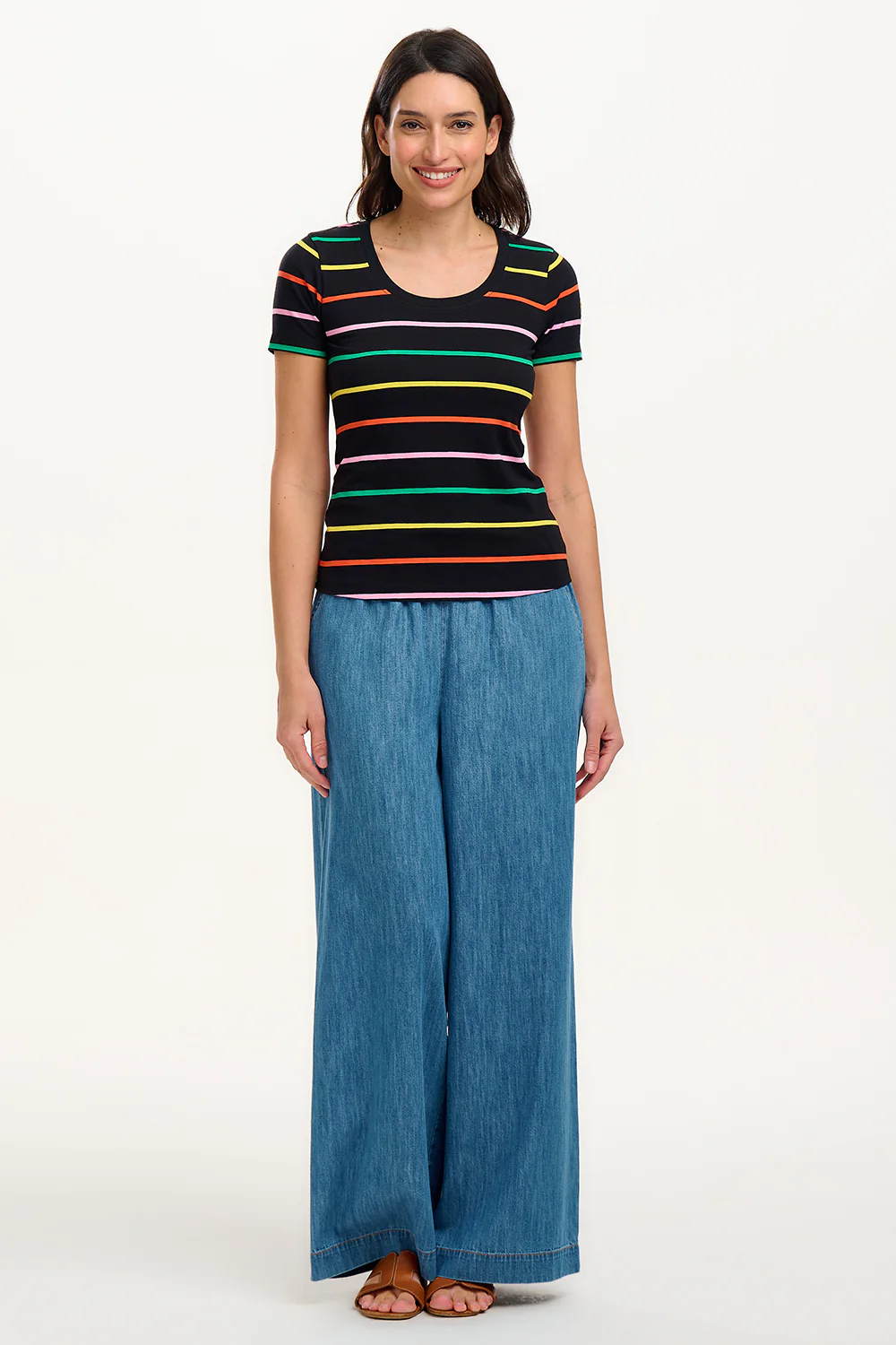 Letty Scoop Neck Jersey Top - Black, Citrus Stripes - Image 3