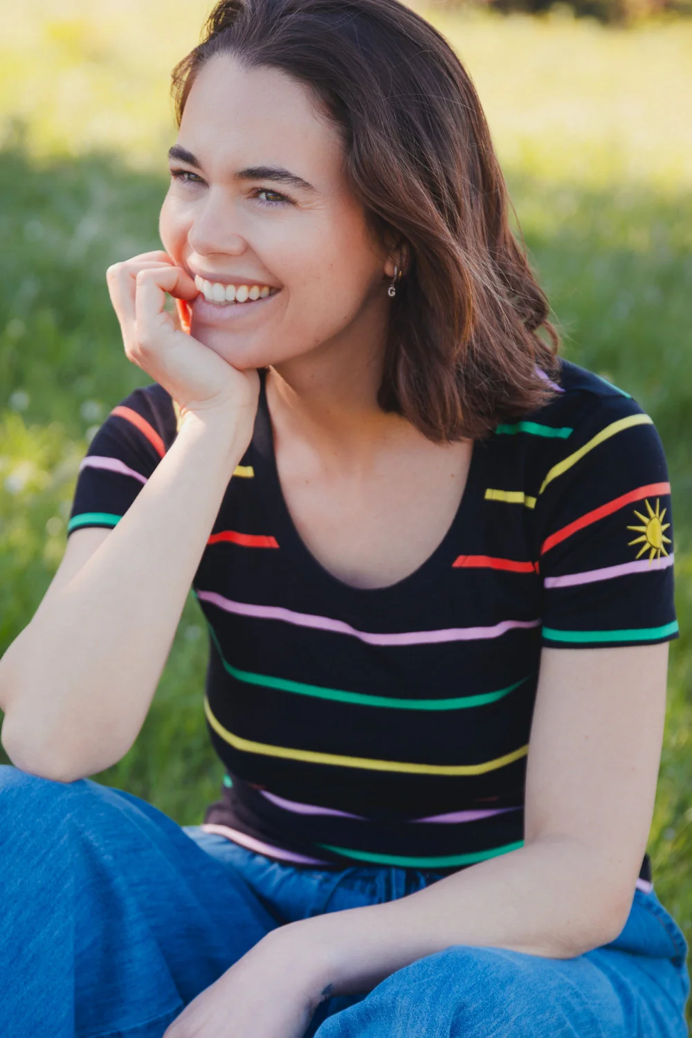 Letty Scoop Neck Jersey Top - Black, Citrus Stripes - Image 6