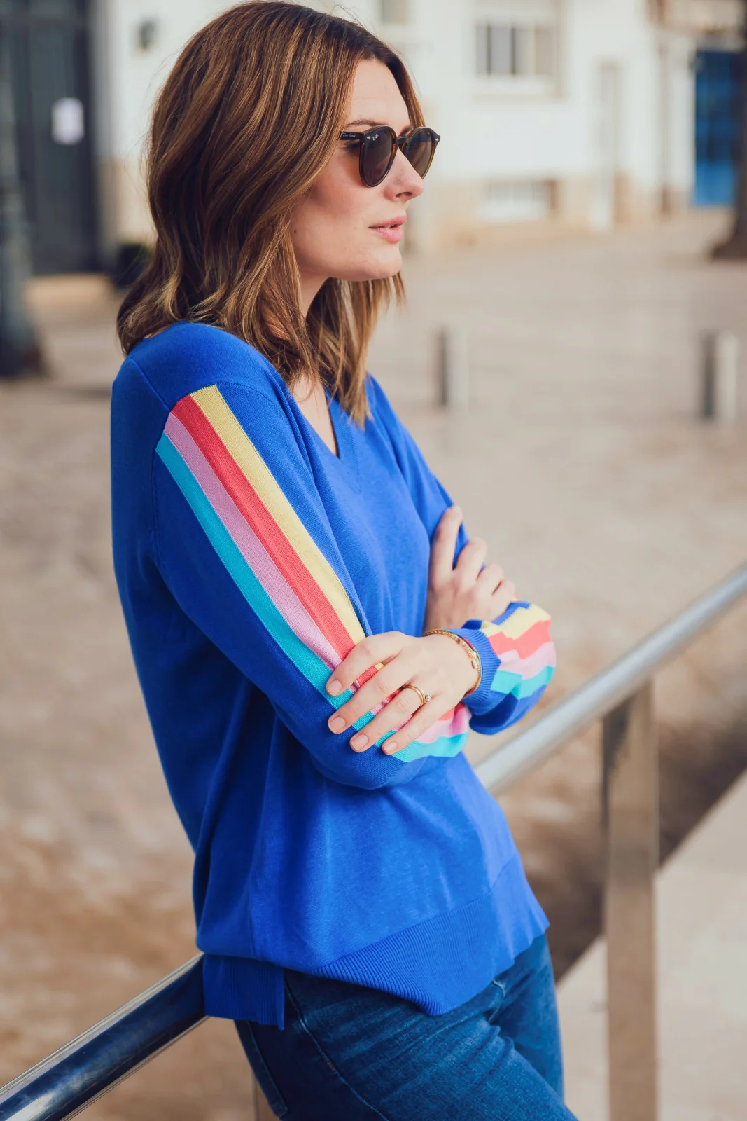 Libby V-neck Jumper - Blue, Sports Stripe - Image 3