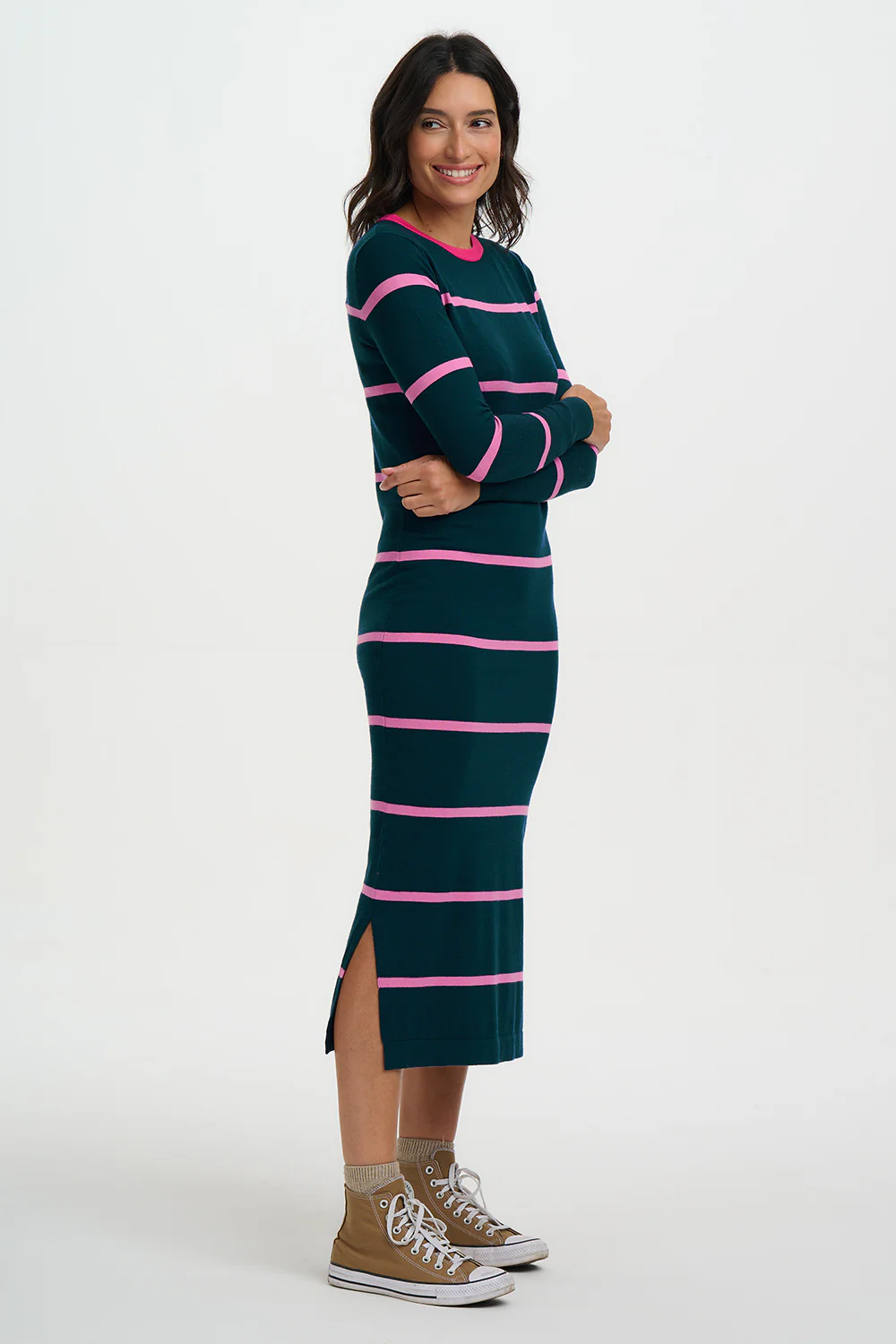 Liselle Midi Knit Dress - Teal, Pink Stripes - Image 4