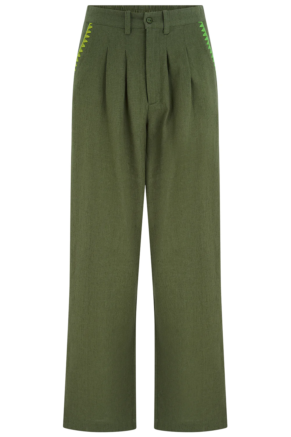 Lois Wide Leg Trousers - Olive, Decorative Stitch - Image 7