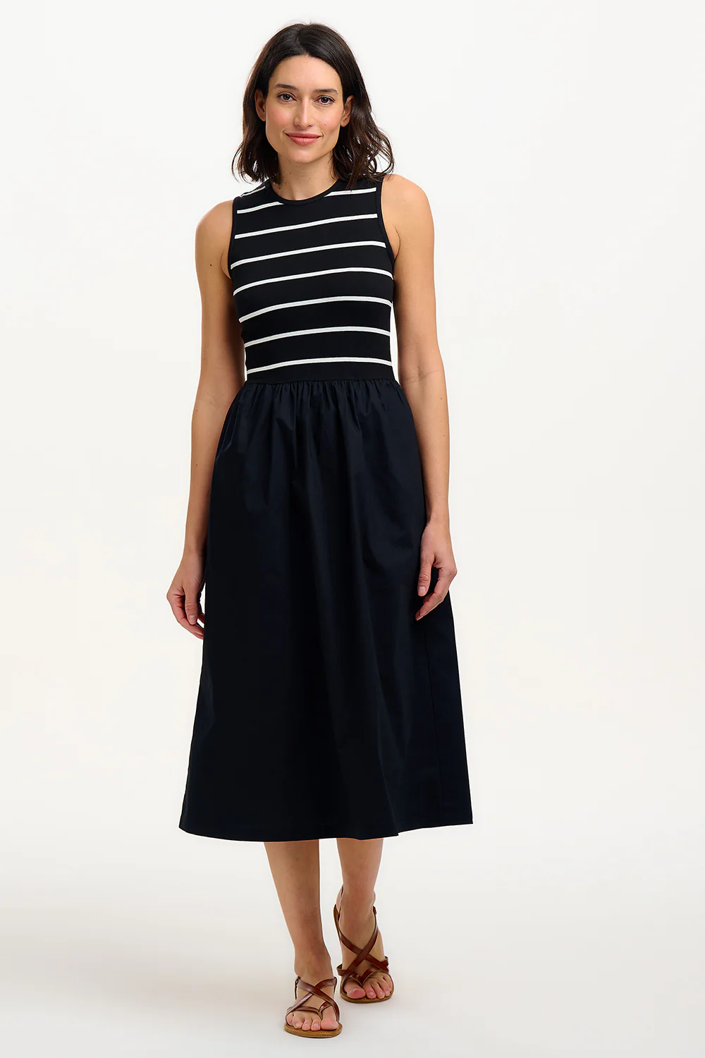 Lorena Jersey & Woven Mix Midi Dress - Black/White, Stripe - Image 5
