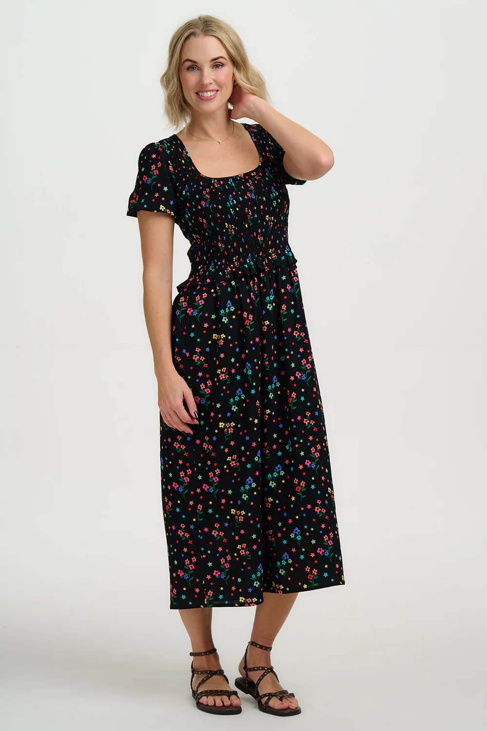 Lyra Shirred Midi Dress - Black, Rainbow Sprigs - Image 3