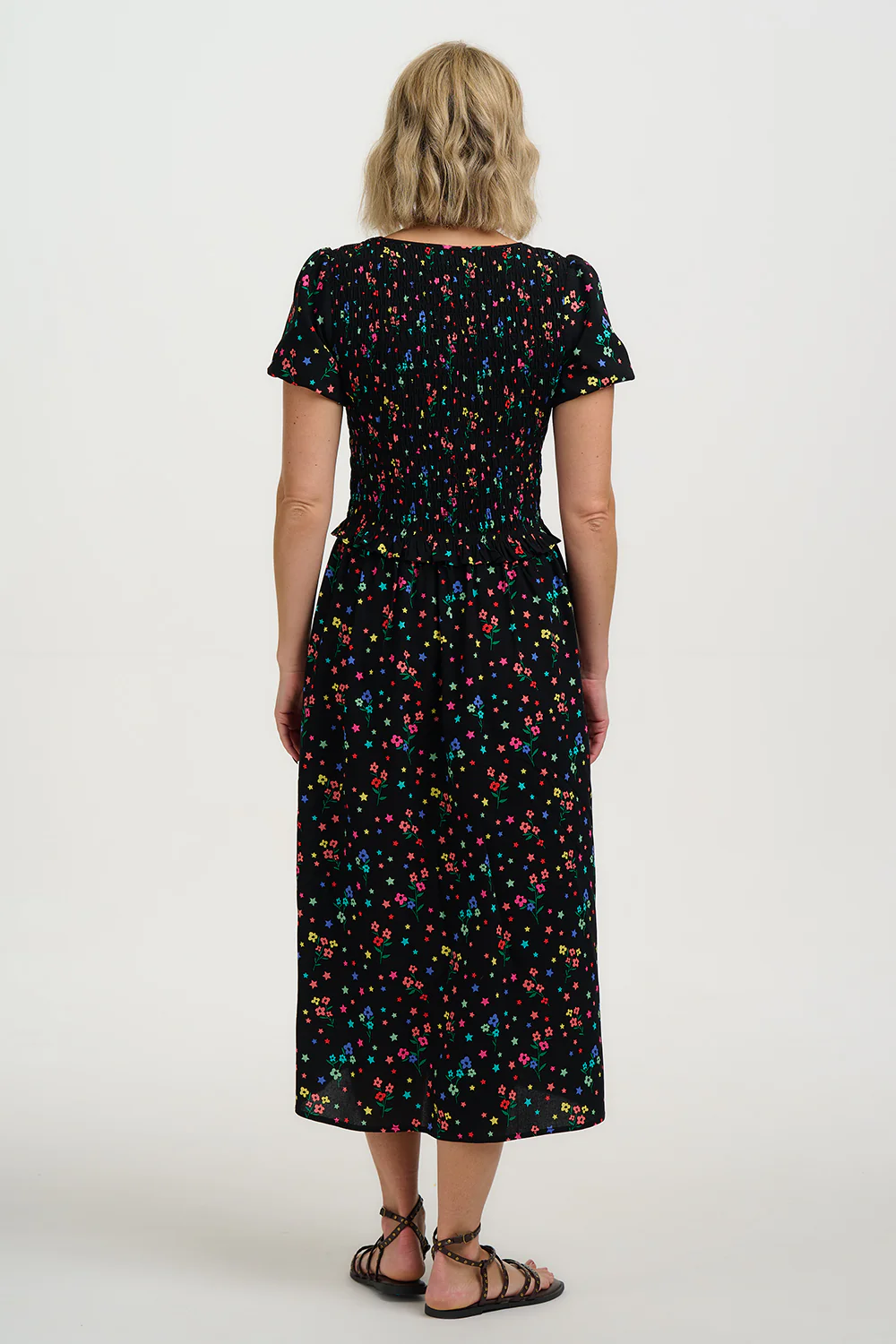 Lyra Shirred Midi Dress - Black, Rainbow Sprigs - Image 4