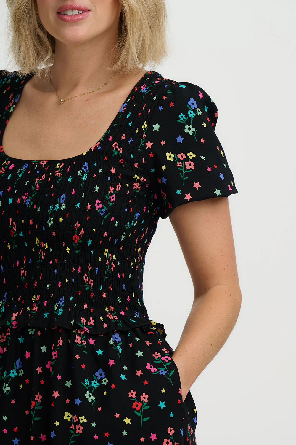 Lyra Shirred Midi Dress - Black, Rainbow Sprigs - Image 5