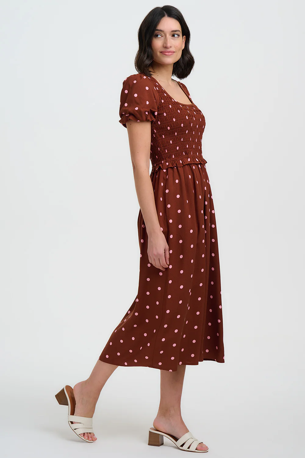 Lyra Shirred Midi Dress - Brown, Pink Polka - Image 3