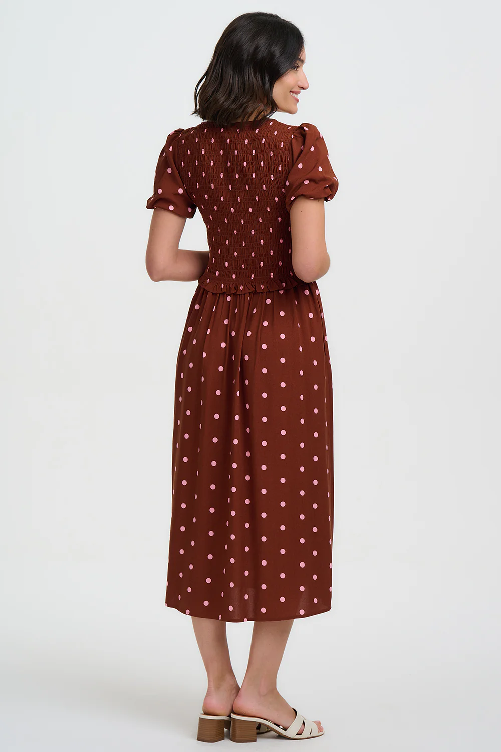 Lyra Shirred Midi Dress - Brown, Pink Polka - Image 4