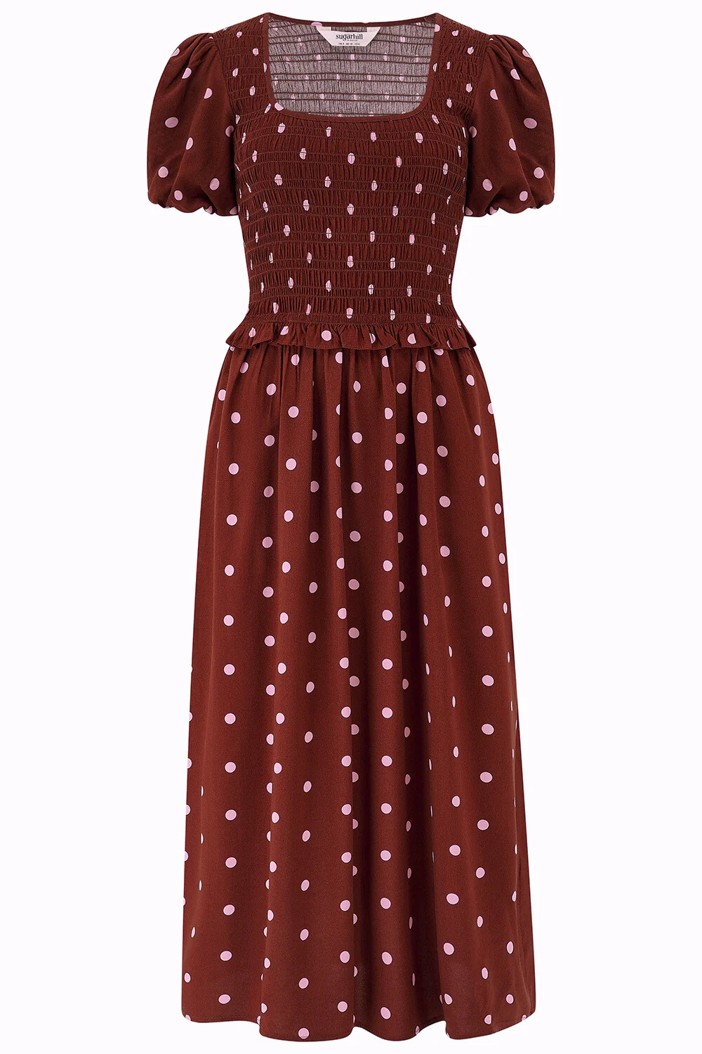 Lyra Shirred Midi Dress - Brown, Pink Polka - Image 5
