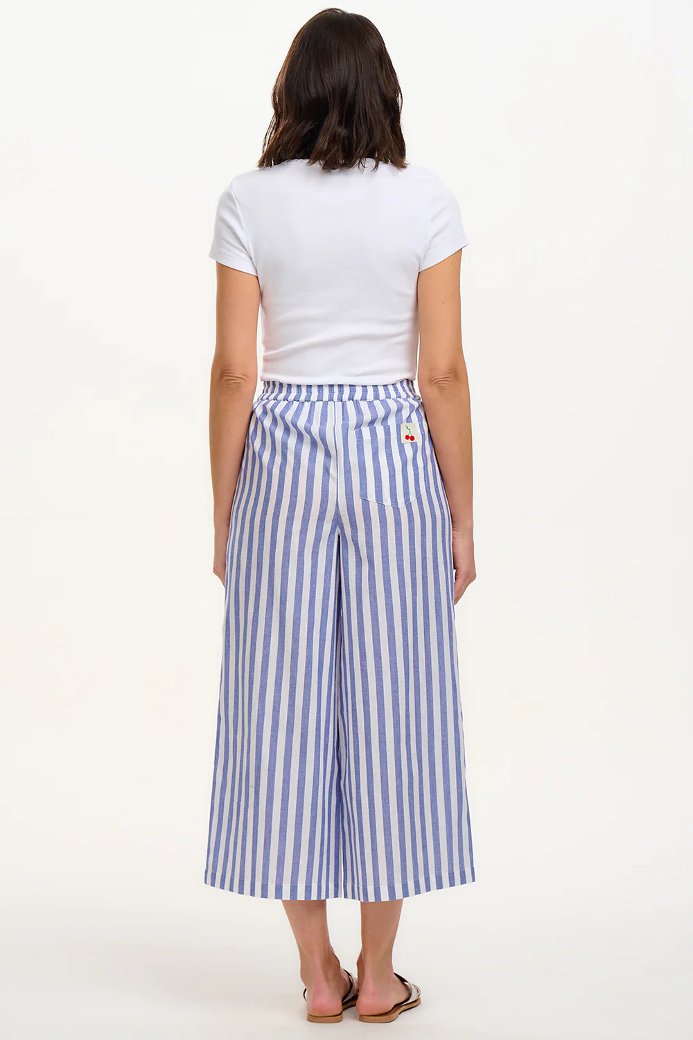 Maevis Wide Leg Cropped Trouser - Off-White/Blue, Bakers Stripe - Image 3