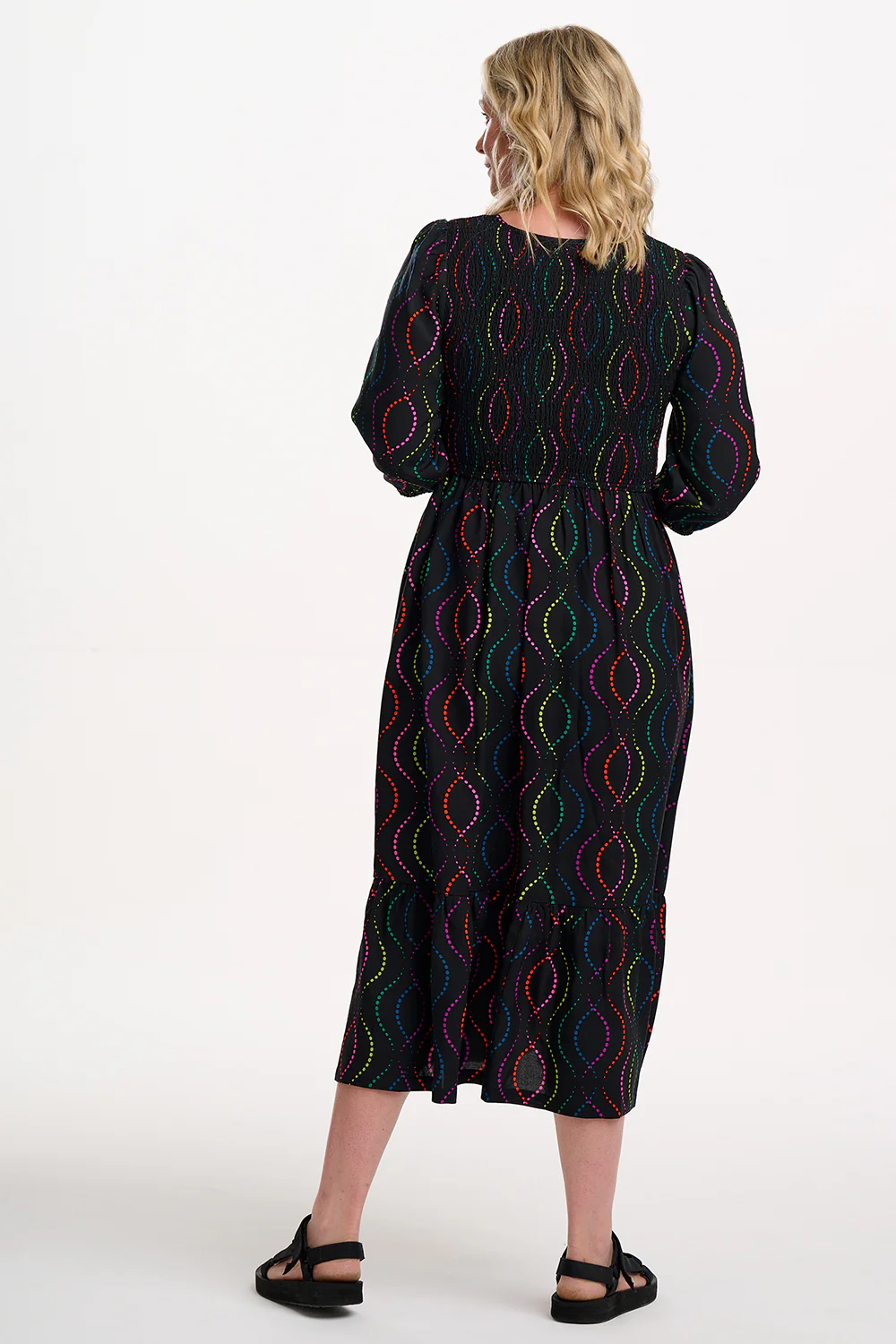Magdalene Shirred Midi Dress - Black, Dotted Waves - Image 4