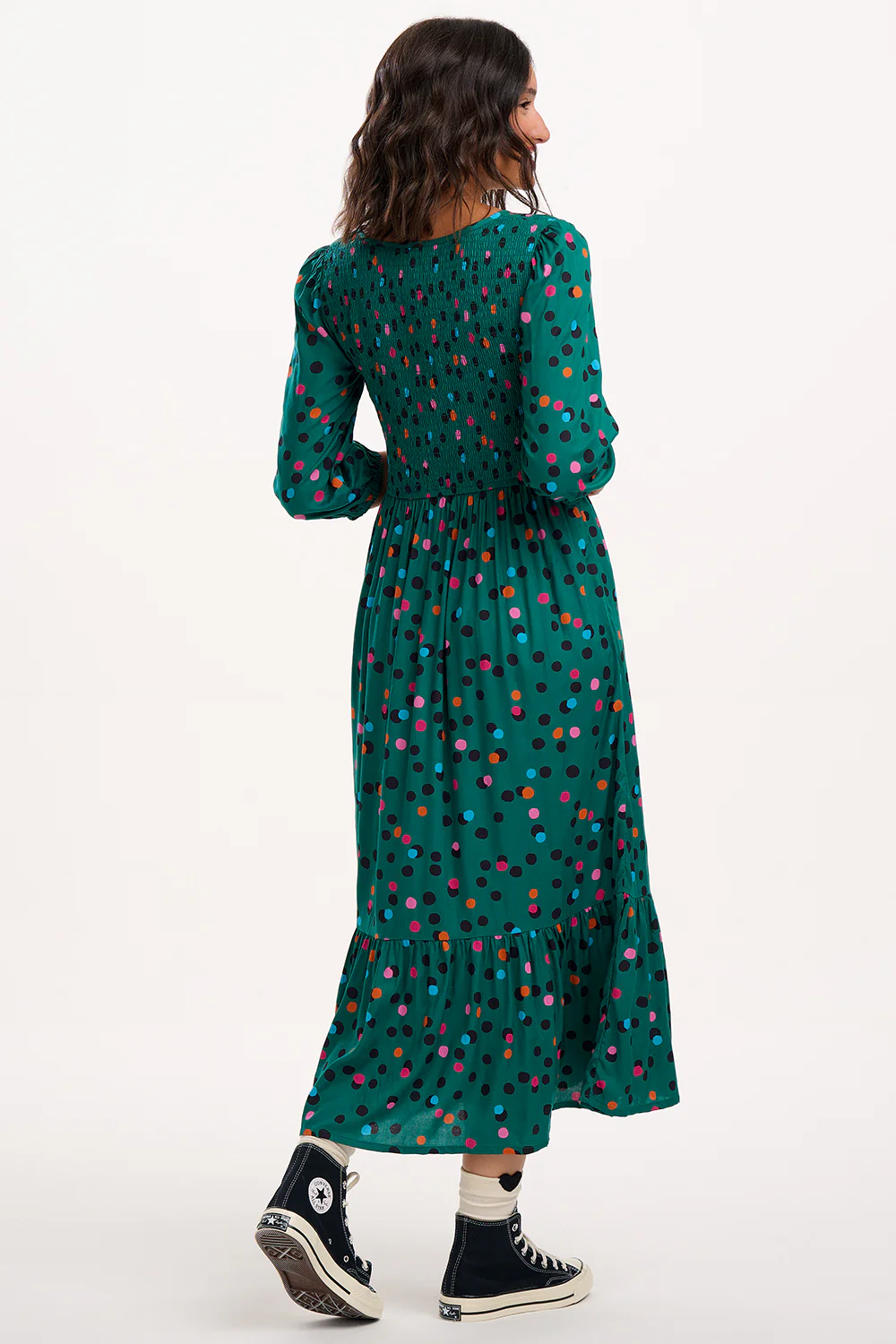 Magdalene Shirred Midi Dress - Green, Rainbow Dappled Spot - Image 3