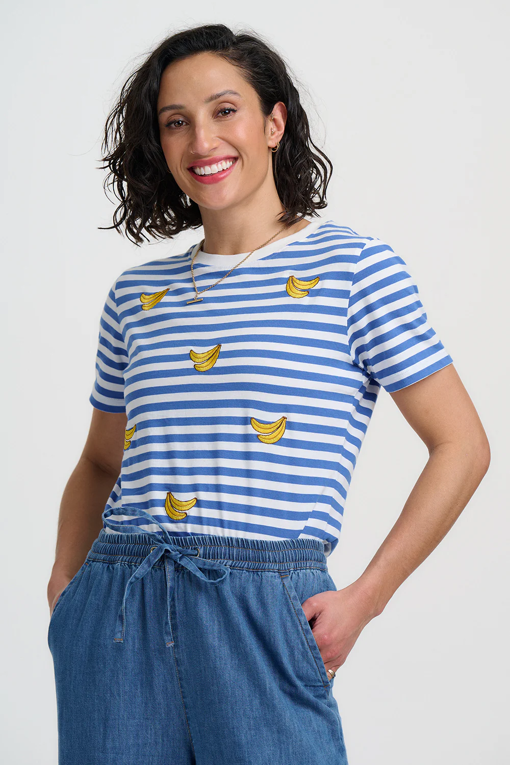 Maggie T-Shirt - Off-White / Blue Stripes, Bananas - Image 2