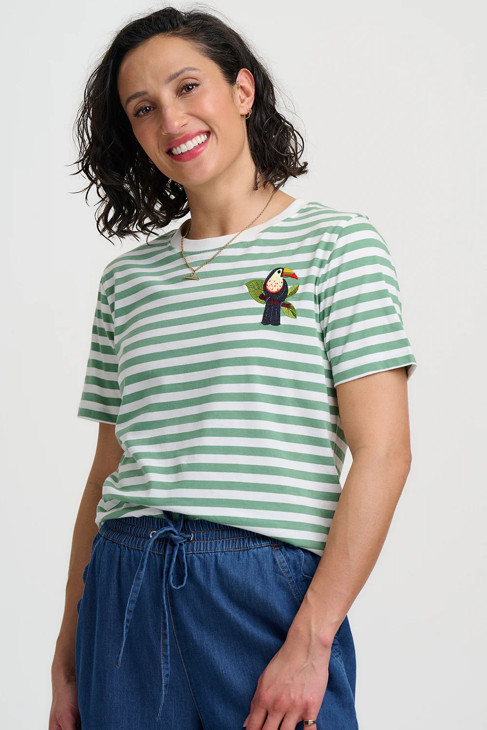 Maggie T-Shirt - Off-White / Green Stripes, Toucan - Image 2