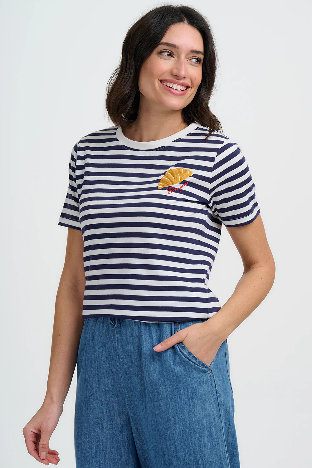 Maggie T-Shirt - Off White/Navy Stripes, Bonjour Croissant
