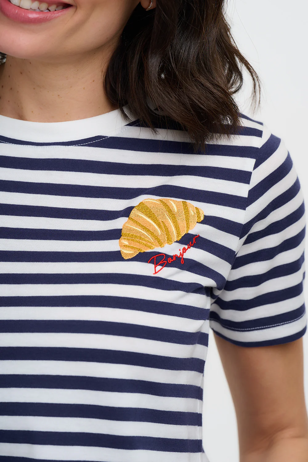 Maggie T-Shirt - Off White/Navy Stripes, Bonjour Croissant - Image 2