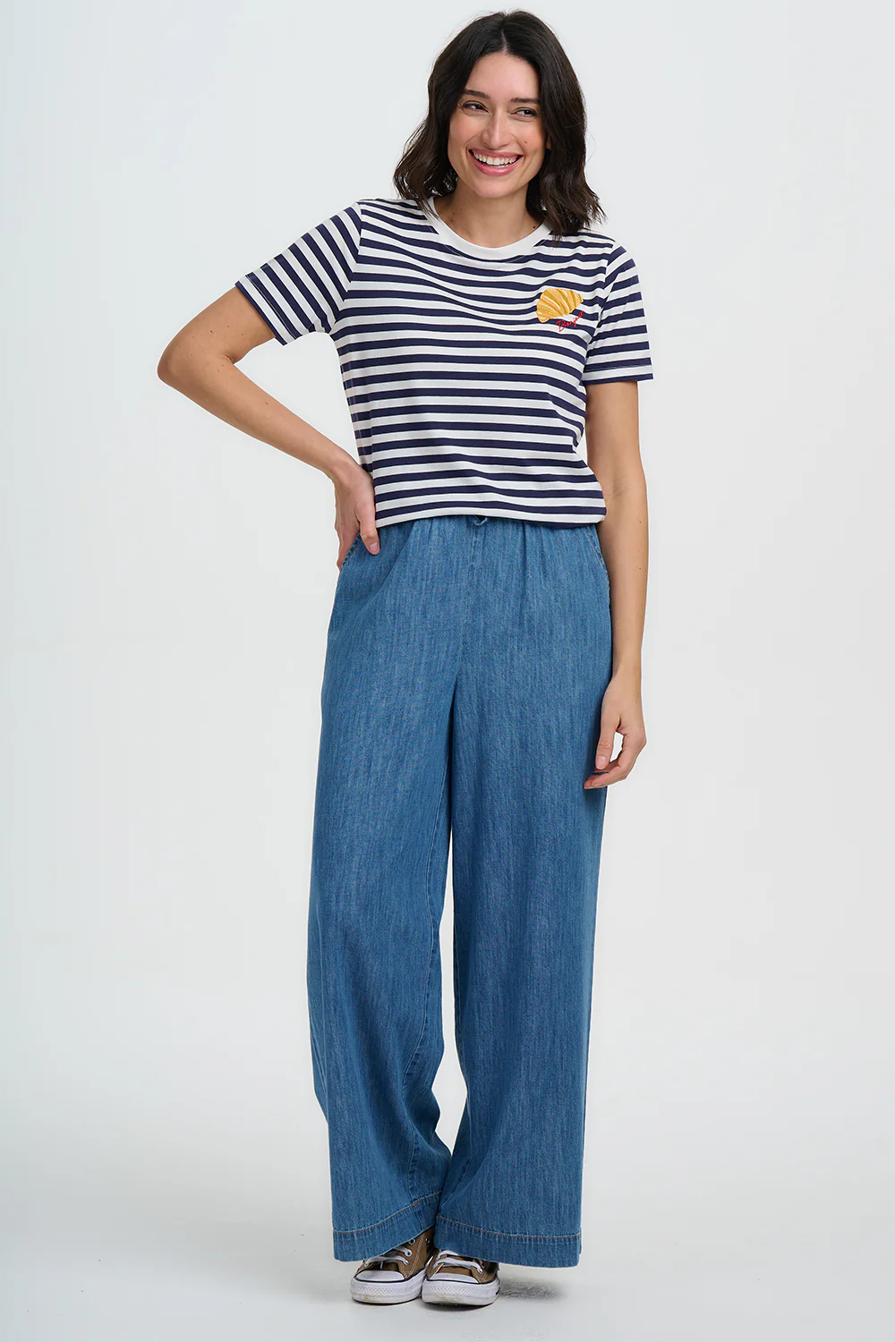 Maggie T-Shirt - Off White/Navy Stripes, Bonjour Croissant - Image 3
