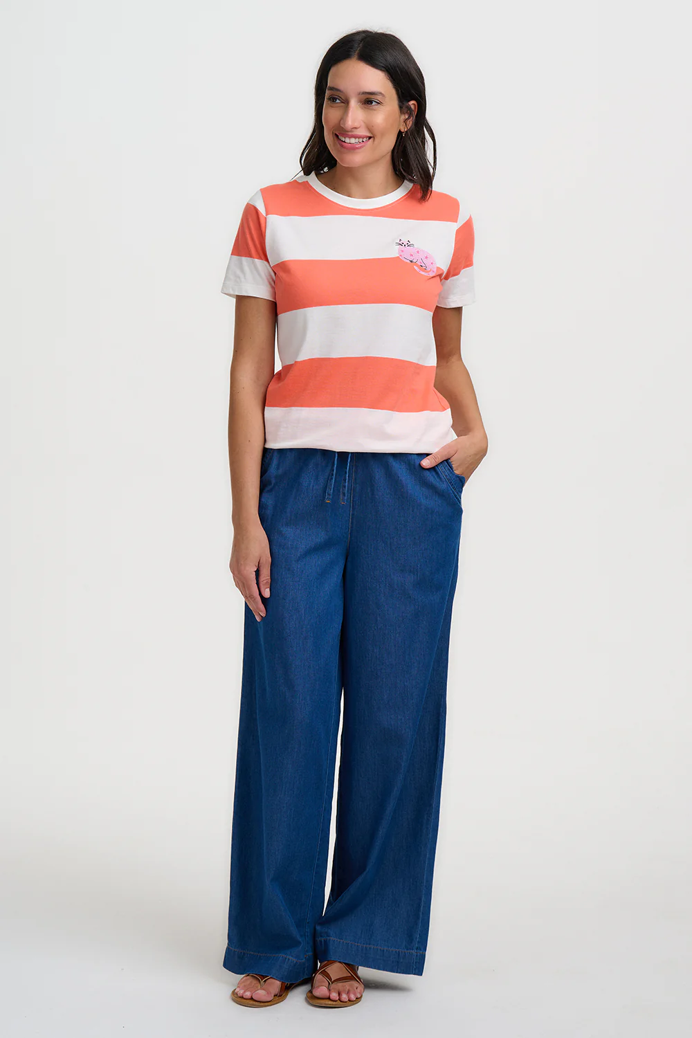 Maggie T-Shirt - Off White/Orange Stripes, Starry Cat - Image 4