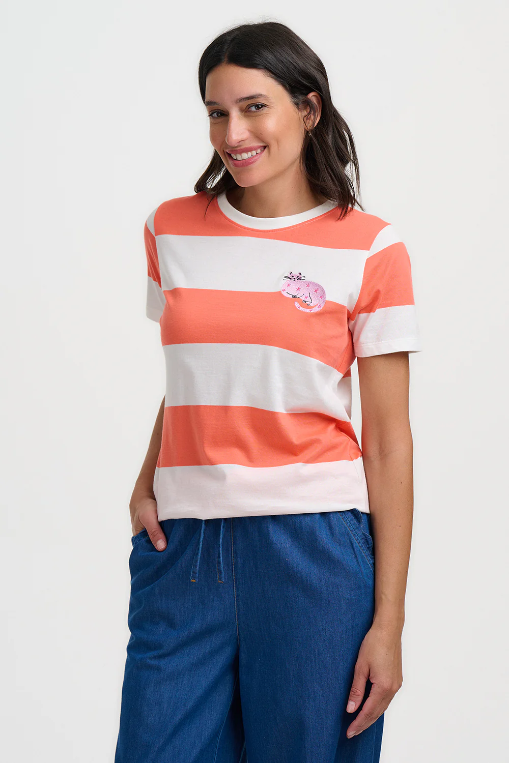 Maggie T-Shirt - Off White/Orange Stripes, Starry Cat - Image 5