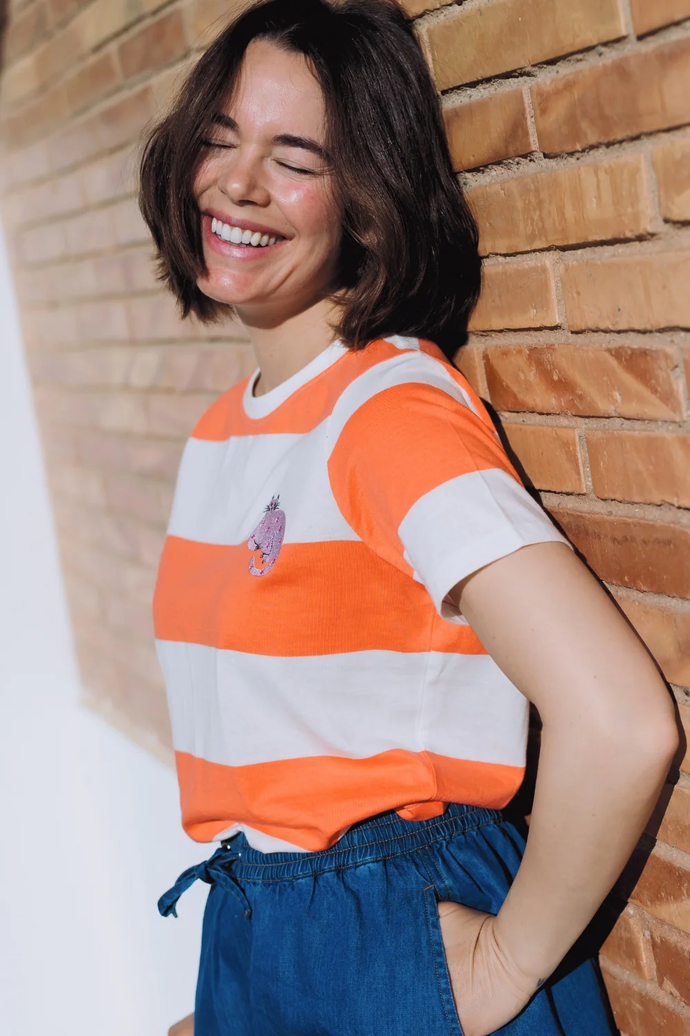Maggie T-Shirt - Off White/Orange Stripes, Starry Cat - Image 6