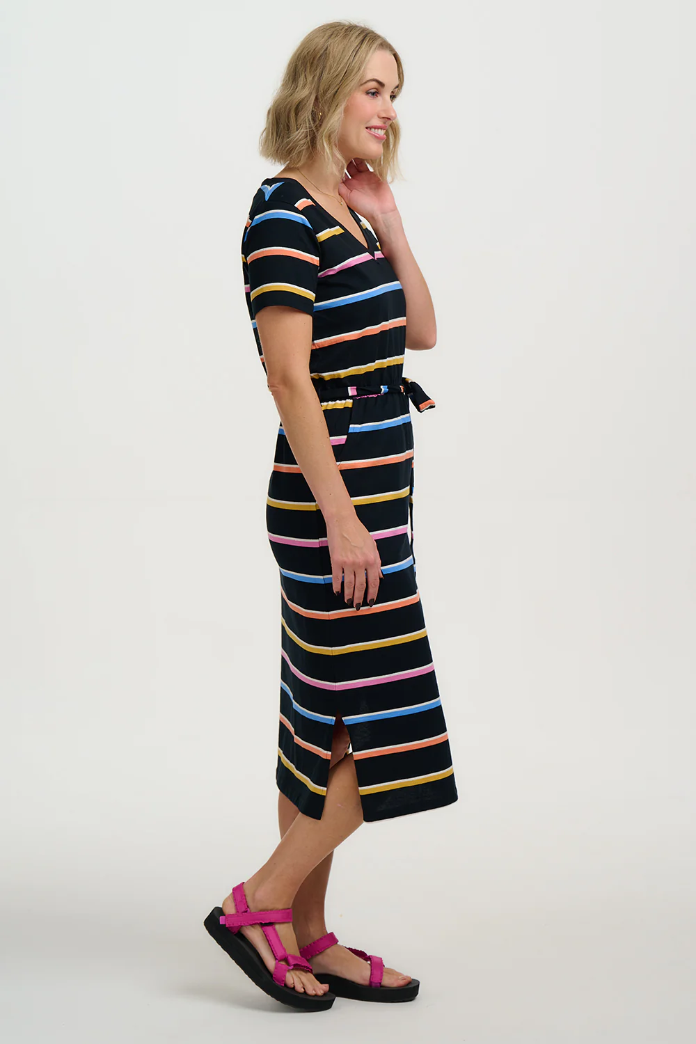 Mara V-Neck Jersey Dress - Black, Cocktail Stripe - Image 3