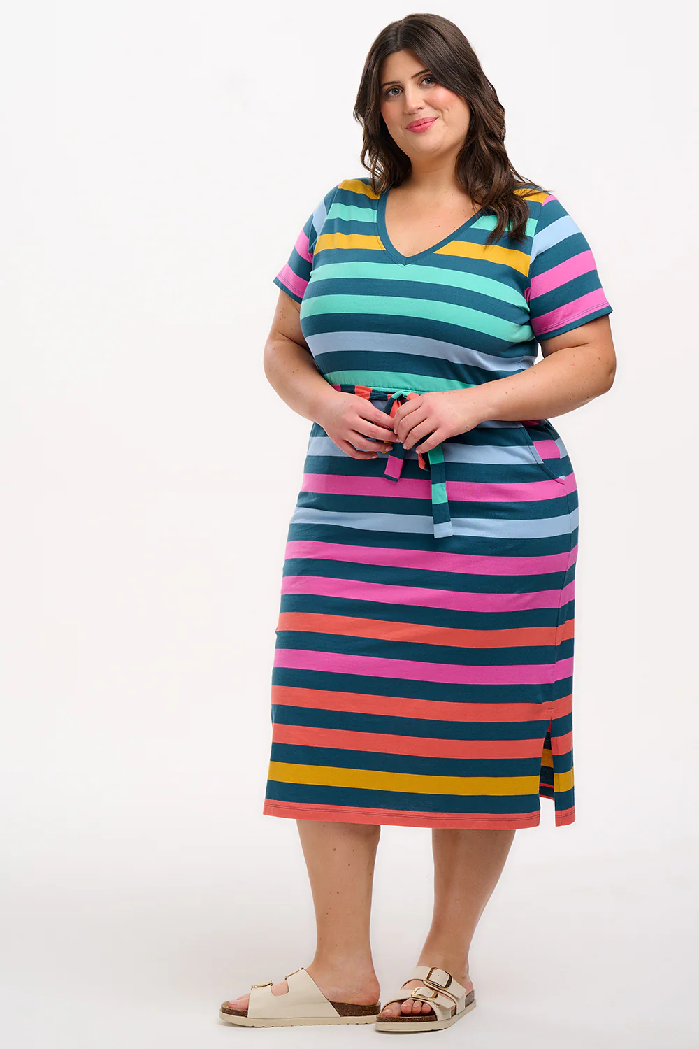 Mara V-Neck Jersey Midi Dress - Green/Multi, Staggered Pop Rainbow - Image 4
