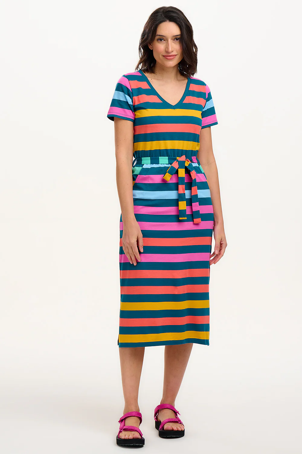 Mara V-Neck Jersey Midi Dress - Green/Multi, Staggered Pop Rainbow - Image 6