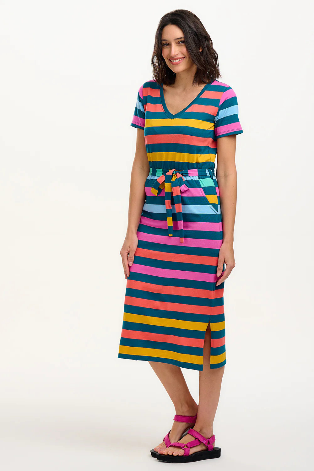Mara V-Neck Jersey Midi Dress - Green/Multi, Staggered Pop Rainbow - Image 7