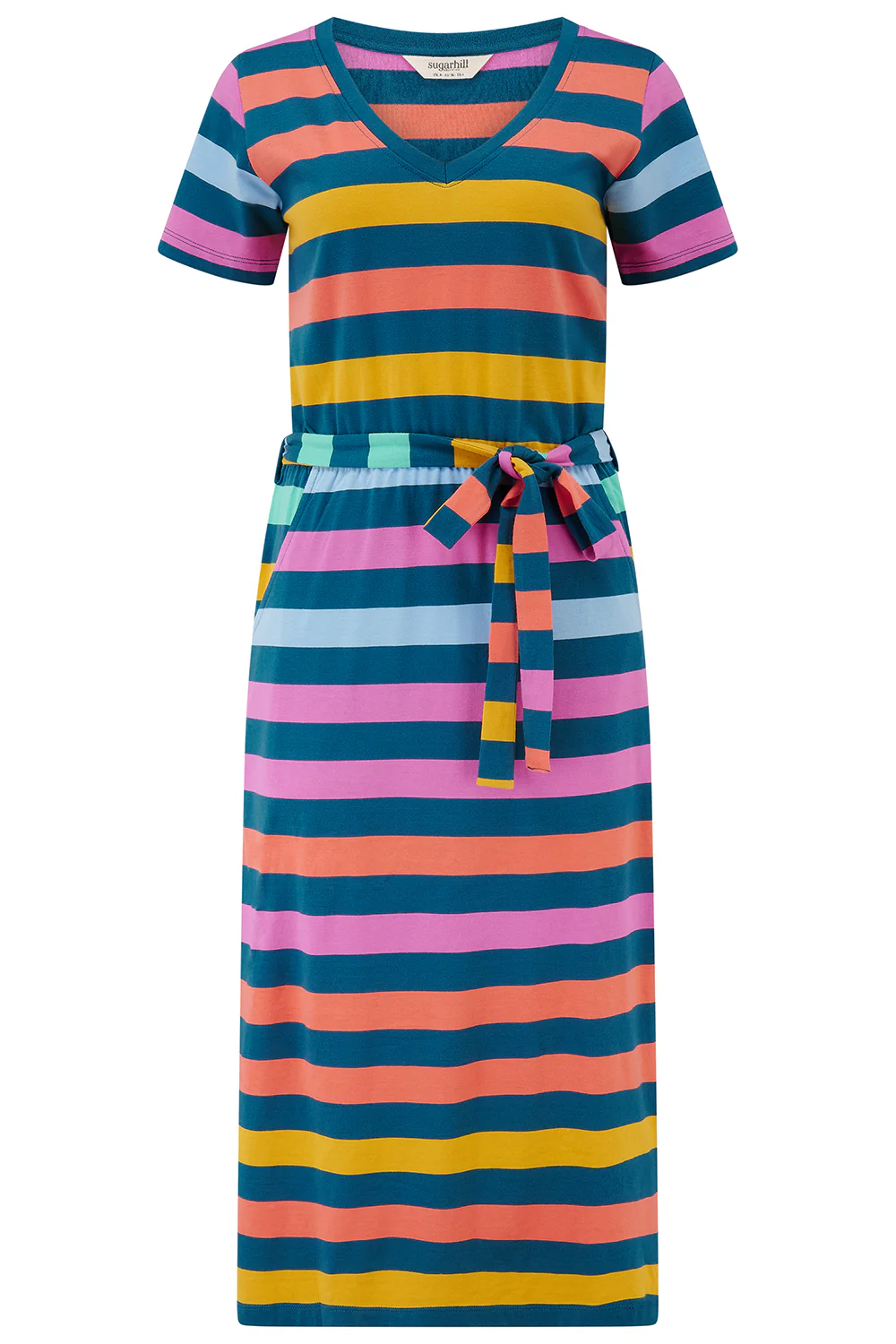 Mara V-Neck Jersey Midi Dress - Green/Multi, Staggered Pop Rainbow - Image 9