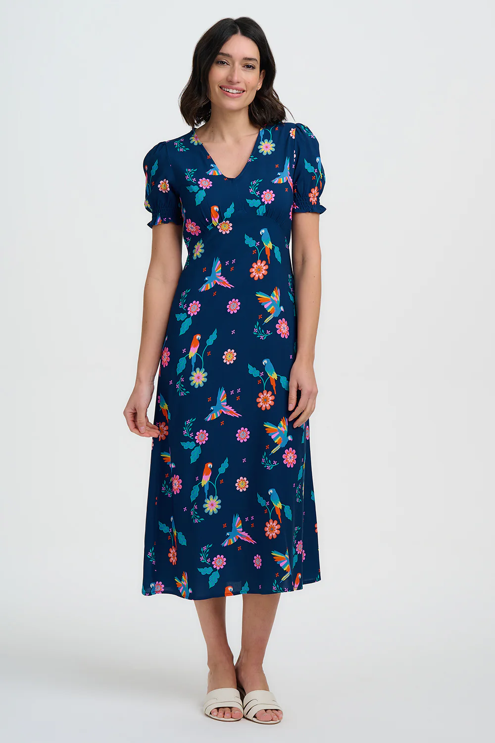 Maryjane Midi Dress - Teal, Parrot Floral - Image 3