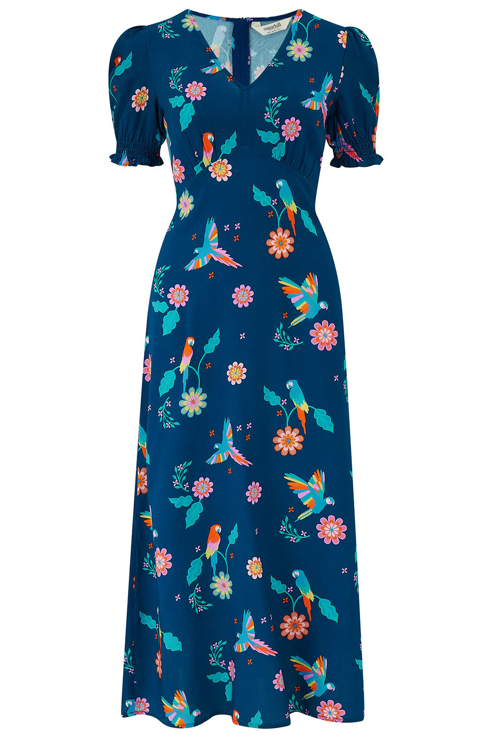Maryjane Midi Dress - Teal, Parrot Floral - Image 5