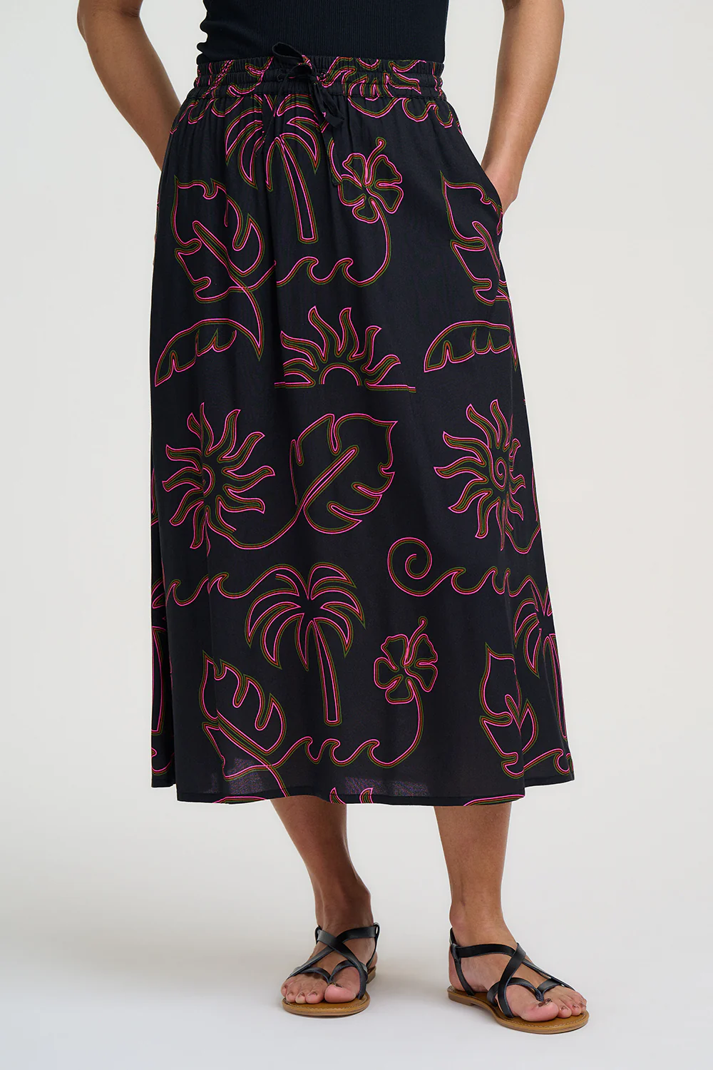 Melody Midi Skirt - Black, Tropical Lines - Image 3