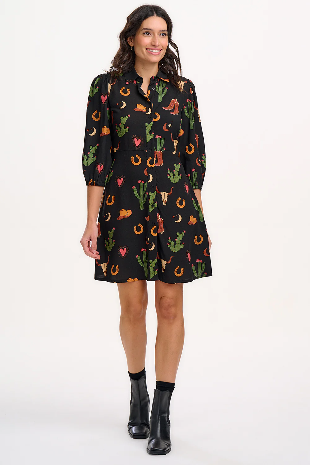 Mildred Mini Shirt Dress - Black, Cowgirl Print - Image 3
