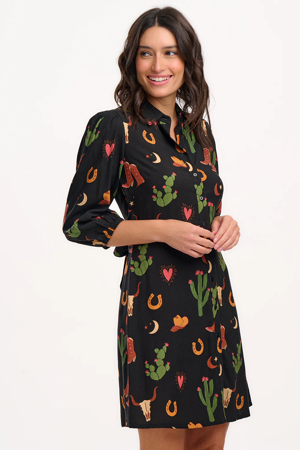 Mildred Mini Shirt Dress - Black, Cowgirl Print - Image 4