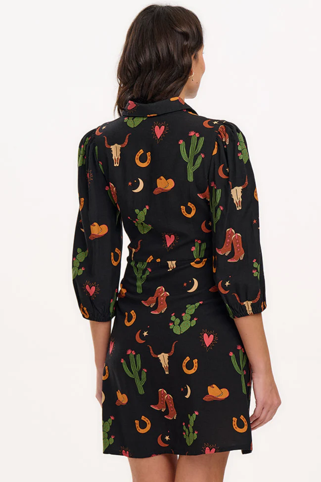 Mildred Mini Shirt Dress - Black, Cowgirl Print - Image 5